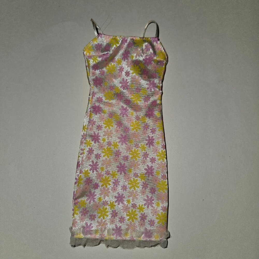 VTG Barbie Pink Yellow Floral Dress Spaghetti Straps Lace Trim